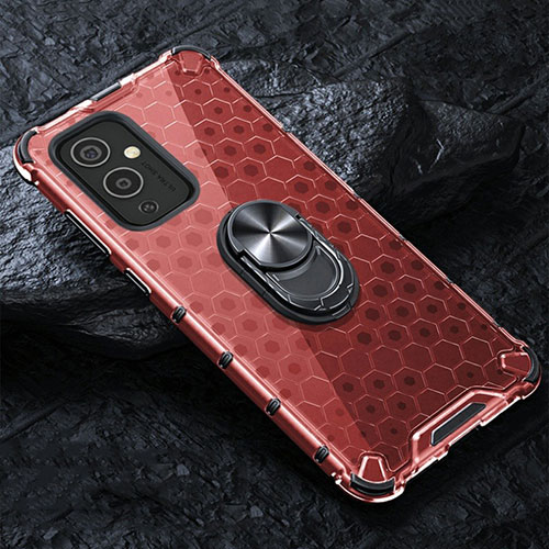 Silicone Transparent Mirror Frame Case 360 Degrees with Magnetic Finger Ring Stand AM1 for OnePlus 9 5G Red