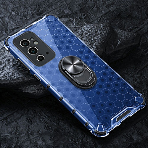 Silicone Transparent Mirror Frame Case 360 Degrees with Magnetic Finger Ring Stand AM1 for OnePlus 9RT 5G Blue