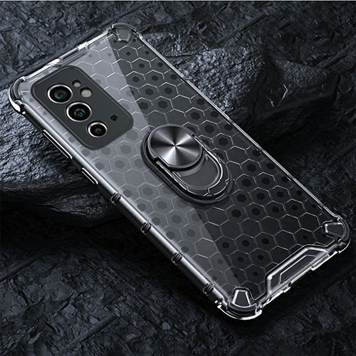 Silicone Transparent Mirror Frame Case 360 Degrees with Magnetic Finger Ring Stand AM1 for OnePlus 9RT 5G Gray