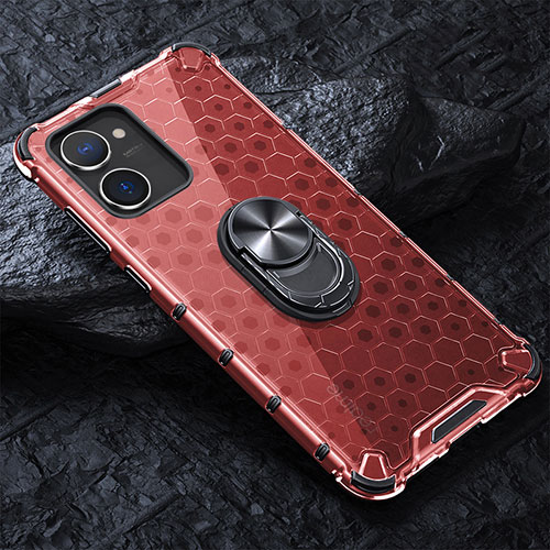 Silicone Transparent Mirror Frame Case 360 Degrees with Magnetic Finger Ring Stand AM1 for Realme 10S 5G Red