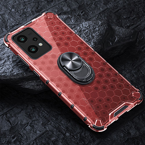 Silicone Transparent Mirror Frame Case 360 Degrees with Magnetic Finger Ring Stand AM1 for Realme 9 Pro 5G Red