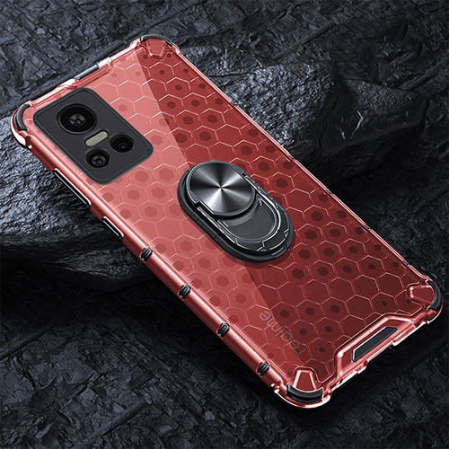 Silicone Transparent Mirror Frame Case 360 Degrees with Magnetic Finger Ring Stand AM1 for Realme GT Neo3 5G Red