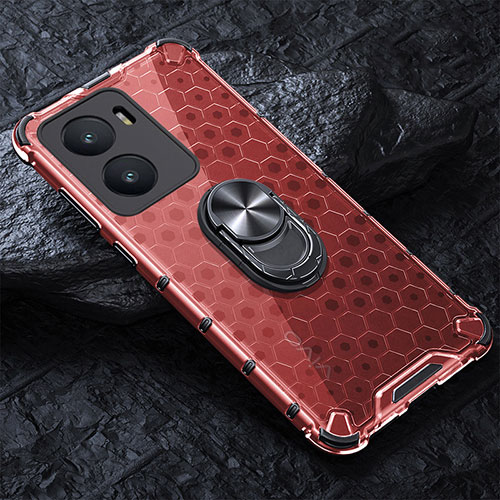 Silicone Transparent Mirror Frame Case 360 Degrees with Magnetic Finger Ring Stand AM1 for Vivo T2x 5G V2253 Red