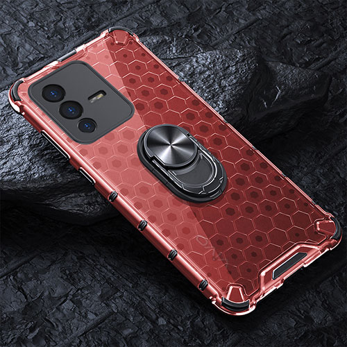 Silicone Transparent Mirror Frame Case 360 Degrees with Magnetic Finger Ring Stand AM1 for Vivo V23 Pro 5G Red