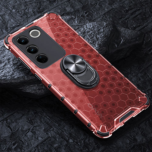 Silicone Transparent Mirror Frame Case 360 Degrees with Magnetic Finger Ring Stand AM1 for Vivo V27e 5G Red