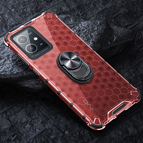 Silicone Transparent Mirror Frame Case 360 Degrees with Magnetic Finger Ring Stand AM1 for Vivo Y33e 5G Red