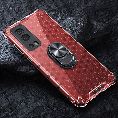 Silicone Transparent Mirror Frame Case 360 Degrees with Magnetic Finger Ring Stand AM1 for Vivo Y52 5G Red