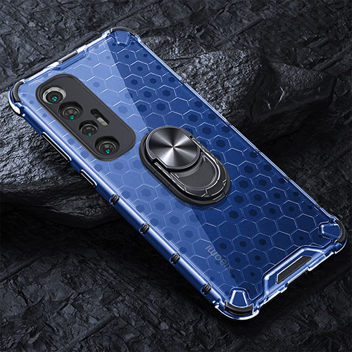 Silicone Transparent Mirror Frame Case 360 Degrees with Magnetic Finger Ring Stand AM1 for Xiaomi Mi 10S 5G Blue