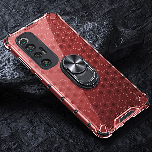 Silicone Transparent Mirror Frame Case 360 Degrees with Magnetic Finger Ring Stand AM1 for Xiaomi Mi 10S 5G Red