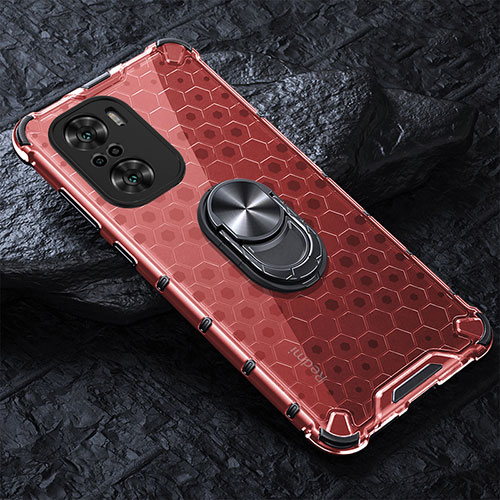 Silicone Transparent Mirror Frame Case 360 Degrees with Magnetic Finger Ring Stand AM1 for Xiaomi Mi 11i 5G Red