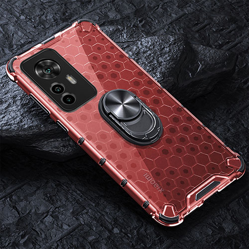 Silicone Transparent Mirror Frame Case 360 Degrees with Magnetic Finger Ring Stand AM1 for Xiaomi Mi 12T 5G Red