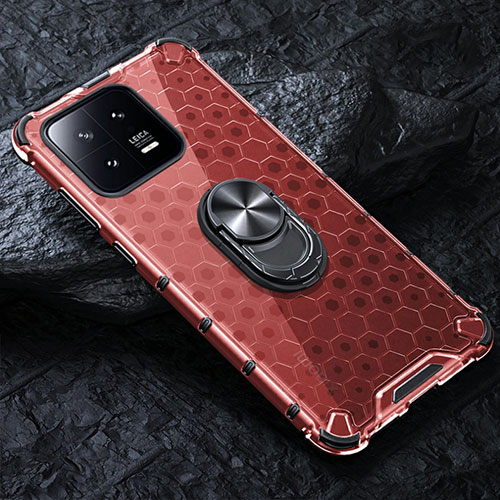 Silicone Transparent Mirror Frame Case 360 Degrees with Magnetic Finger Ring Stand AM1 for Xiaomi Mi 13 Pro 5G Red