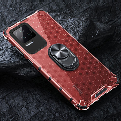 Silicone Transparent Mirror Frame Case 360 Degrees with Magnetic Finger Ring Stand AM1 for Xiaomi Poco F4 5G Red