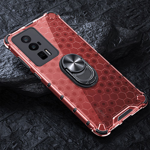 Silicone Transparent Mirror Frame Case 360 Degrees with Magnetic Finger Ring Stand AM1 for Xiaomi Poco F5 Pro 5G Red