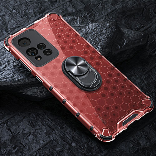 Silicone Transparent Mirror Frame Case 360 Degrees with Magnetic Finger Ring Stand AM1 for Xiaomi Poco X4 NFC Red