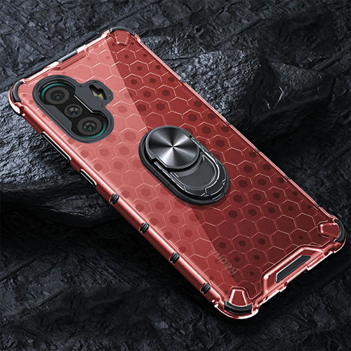 Silicone Transparent Mirror Frame Case 360 Degrees with Magnetic Finger Ring Stand AM1 for Xiaomi Redmi K40 Gaming 5G Red