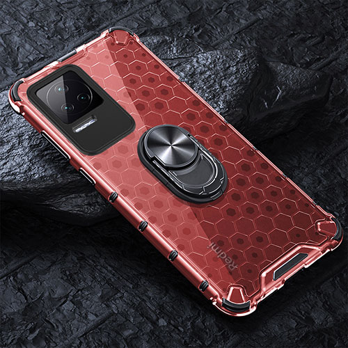 Silicone Transparent Mirror Frame Case 360 Degrees with Magnetic Finger Ring Stand AM1 for Xiaomi Redmi K50 5G Red