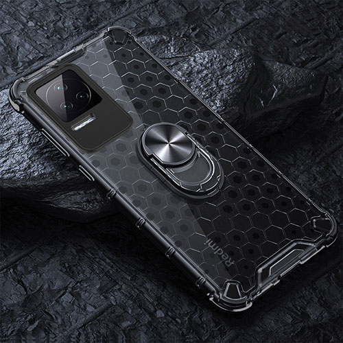 Silicone Transparent Mirror Frame Case 360 Degrees with Magnetic Finger Ring Stand AM1 for Xiaomi Redmi K50 Pro 5G Black