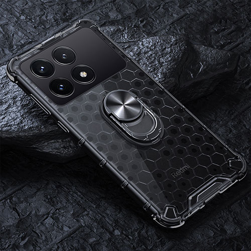 Silicone Transparent Mirror Frame Case 360 Degrees with Magnetic Finger Ring Stand AM1 for Xiaomi Redmi K70E 5G Black