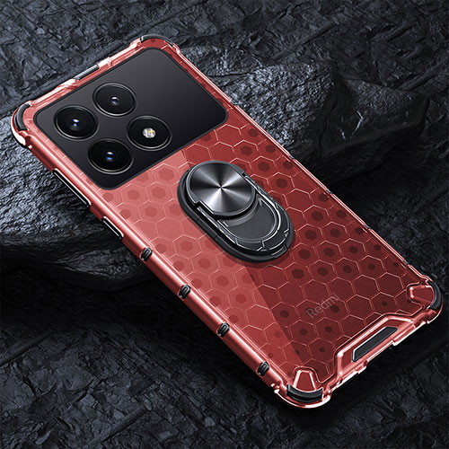 Silicone Transparent Mirror Frame Case 360 Degrees with Magnetic Finger Ring Stand AM1 for Xiaomi Redmi K70E 5G Red