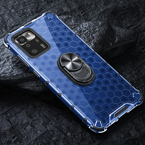 Silicone Transparent Mirror Frame Case 360 Degrees with Magnetic Finger Ring Stand AM1 for Xiaomi Redmi Note 10 Pro 5G Blue