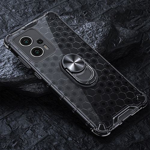 Silicone Transparent Mirror Frame Case 360 Degrees with Magnetic Finger Ring Stand AM1 for Xiaomi Redmi Note 11T Pro 5G Black