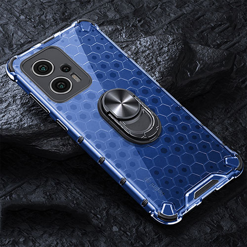 Silicone Transparent Mirror Frame Case 360 Degrees with Magnetic Finger Ring Stand AM1 for Xiaomi Redmi Note 11T Pro 5G Blue