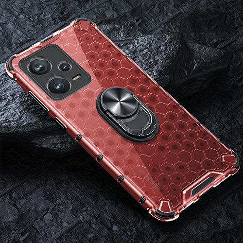 Silicone Transparent Mirror Frame Case 360 Degrees with Magnetic Finger Ring Stand AM1 for Xiaomi Redmi Note 12 Pro+ Plus 5G Red