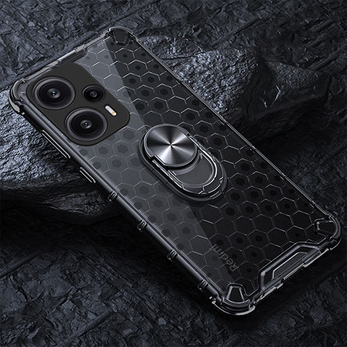 Silicone Transparent Mirror Frame Case 360 Degrees with Magnetic Finger Ring Stand AM1 for Xiaomi Redmi Note 12 Turbo 5G Black