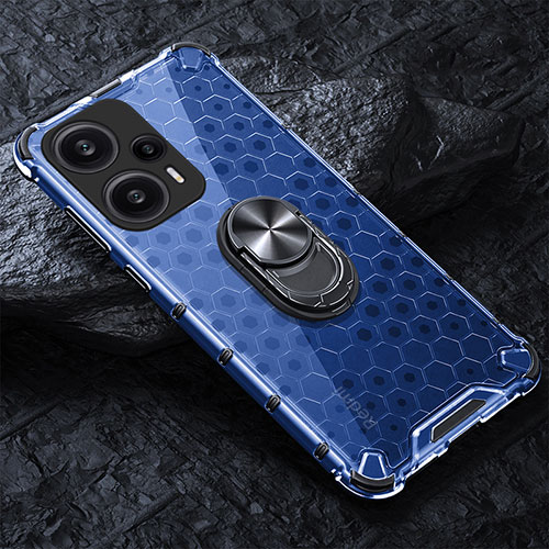 Silicone Transparent Mirror Frame Case 360 Degrees with Magnetic Finger Ring Stand AM1 for Xiaomi Redmi Note 12 Turbo 5G Blue