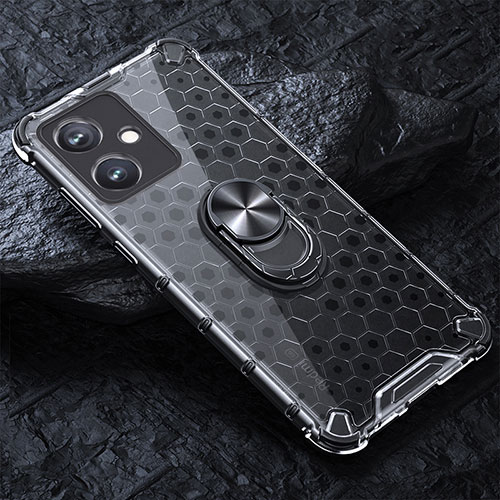 Silicone Transparent Mirror Frame Case 360 Degrees with Magnetic Finger Ring Stand AM1 for Xiaomi Redmi Note 12R Pro 5G Gray