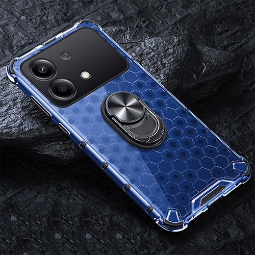 Silicone Transparent Mirror Frame Case 360 Degrees with Magnetic Finger Ring Stand AM1 for Xiaomi Redmi Note 13R Pro 5G Blue