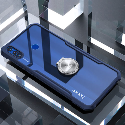 Silicone Transparent Mirror Frame Case 360 Degrees with Magnetic Finger Ring Stand for Huawei Honor V10 Lite Blue