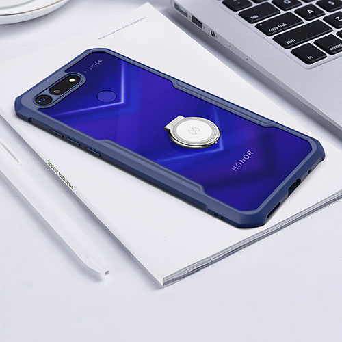 Silicone Transparent Mirror Frame Case 360 Degrees with Magnetic Finger Ring Stand for Huawei Honor View 20 Blue