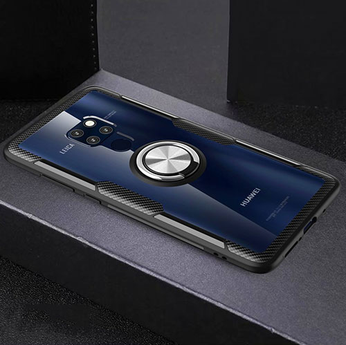 Silicone Transparent Mirror Frame Case 360 Degrees with Magnetic Finger Ring Stand for Huawei Mate 20 Silver and Black