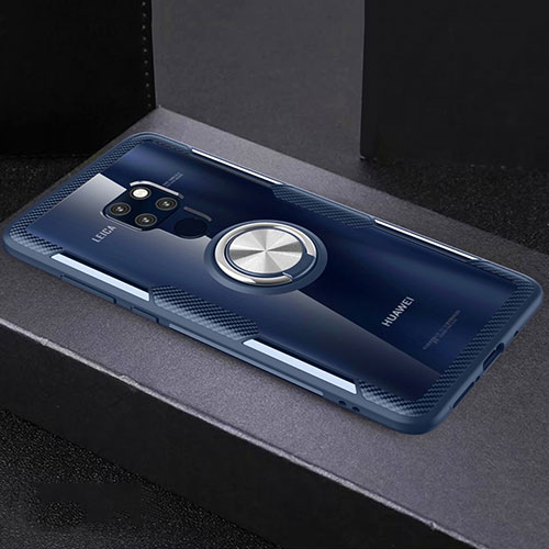 Silicone Transparent Mirror Frame Case 360 Degrees with Magnetic Finger Ring Stand for Huawei Mate 20 Sky Blue