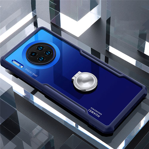 Silicone Transparent Mirror Frame Case 360 Degrees with Magnetic Finger Ring Stand for Huawei Mate 30E Pro 5G Blue