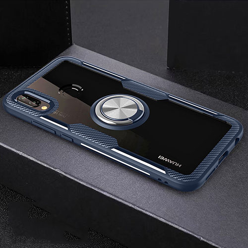 Silicone Transparent Mirror Frame Case 360 Degrees with Magnetic Finger Ring Stand for Huawei Nova 3e Blue