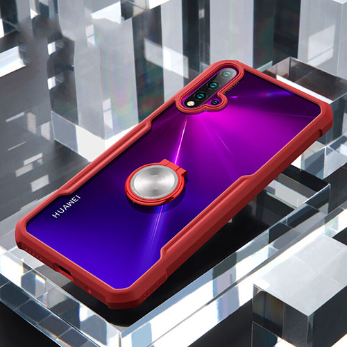 Silicone Transparent Mirror Frame Case 360 Degrees with Magnetic Finger Ring Stand for Huawei Nova 5 Red