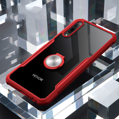 Silicone Transparent Mirror Frame Case 360 Degrees with Magnetic Finger Ring Stand for Huawei P Smart Pro (2019) Red