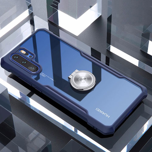 Silicone Transparent Mirror Frame Case 360 Degrees with Magnetic Finger Ring Stand for Huawei P30 Pro New Edition Blue