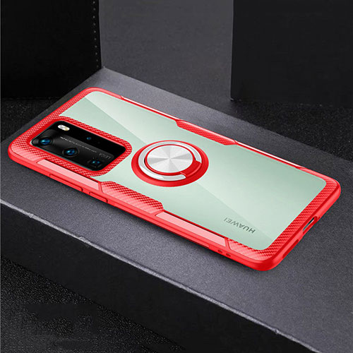 Silicone Transparent Mirror Frame Case 360 Degrees with Magnetic Finger Ring Stand for Huawei P40 Pro Red