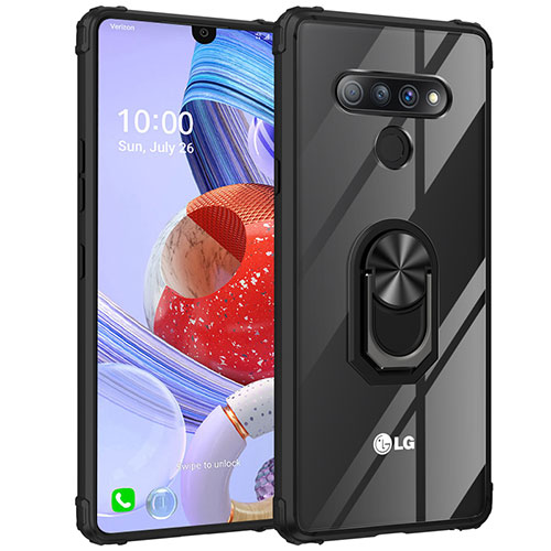 Silicone Transparent Mirror Frame Case 360 Degrees with Magnetic Finger Ring Stand for LG Stylo 6 Black