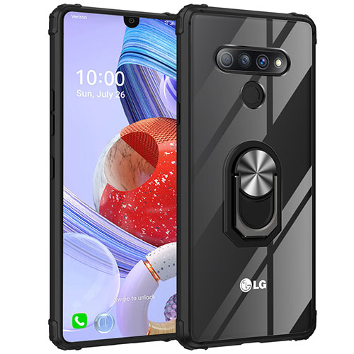 Silicone Transparent Mirror Frame Case 360 Degrees with Magnetic Finger Ring Stand for LG Stylo 6 Silver and Black