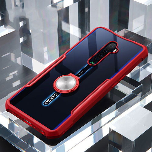 Silicone Transparent Mirror Frame Case 360 Degrees with Magnetic Finger Ring Stand for Oppo Reno2 Red