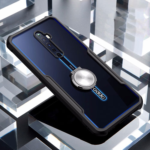Silicone Transparent Mirror Frame Case 360 Degrees with Magnetic Finger Ring Stand for Oppo Reno2 Z Black