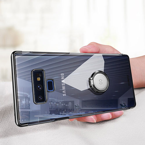 Silicone Transparent Mirror Frame Case 360 Degrees with Magnetic Finger Ring Stand for Samsung Galaxy Note 9 Black