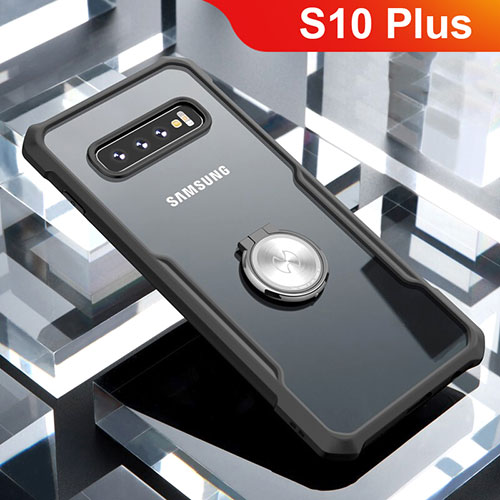 Silicone Transparent Mirror Frame Case 360 Degrees with Magnetic Finger Ring Stand for Samsung Galaxy S10 Plus Black