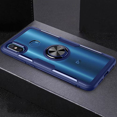 Silicone Transparent Mirror Frame Case 360 Degrees with Magnetic Finger Ring Stand for Xiaomi Mi 8 Blue