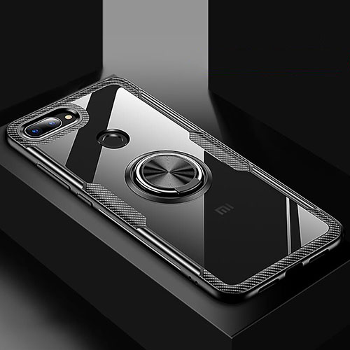 Silicone Transparent Mirror Frame Case 360 Degrees with Magnetic Finger Ring Stand for Xiaomi Mi 8 Lite Black